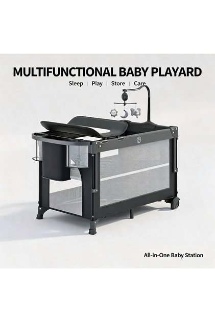 Multifunctional Baby Playpen with Bassinet, Changing Station, Storage Organizer, Mobile & Wheels