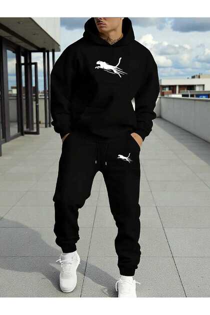 Geometric Leopard Bottom Top Set Fashion Print Design Black Hooded Sweatshirt