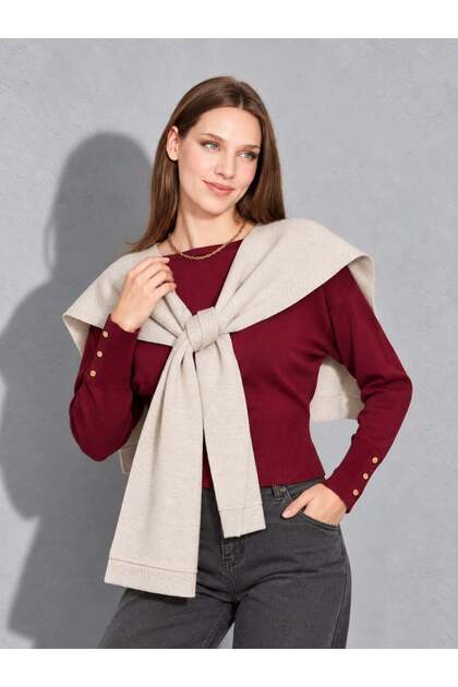 Women's knit scarf shawl - sweater-look square shoulder shawl 1407 beige