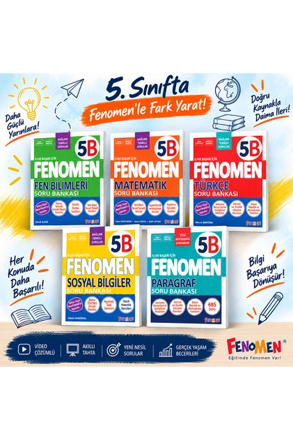 FENOMEN 5. SINIF MATEMATİK FEN BİL. TÜRKÇE SOSYAL BİL. VE PARAGRAF (B) SERİSİ SORU BANKALARI - 2027