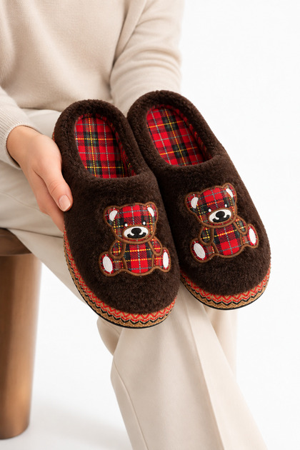 Soft Plush Winter House Slippers with Plaid Pattern and Bear Figure