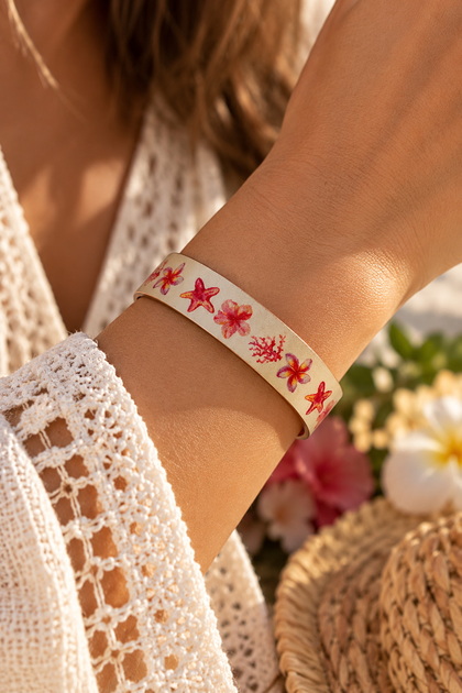 Red Coral and Sea Flower Patterned 100% Copper Thin Bracelet