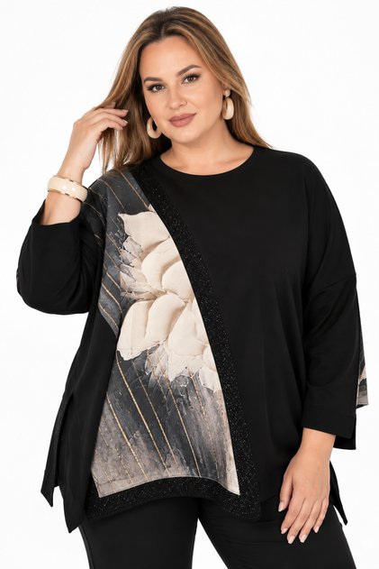 Plus Size Floral Print Stone Stripe Detailed Crew Neck Long Sleeve Women's Blouse