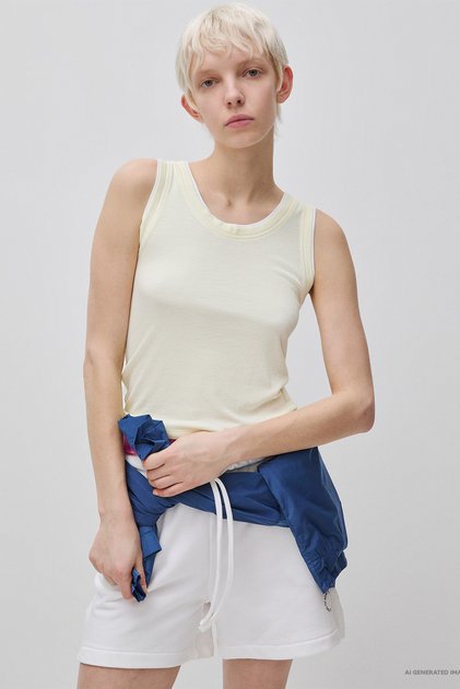 Women's Light Yellow Viscose Blended Ribbed Contrast Detailed Slim Fit Undershirt