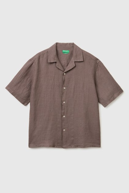 Men's Brown 100% Linen Relaxed Fit Short Sleeve Bowling Collar Shirt