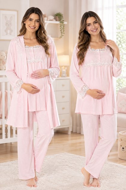 Maternity Long Sleeve Adjustable Waist Pajama Set with Dressing Gown