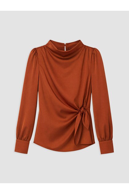 Vizyon New Season Brown Stand Collar Gathered Blouse