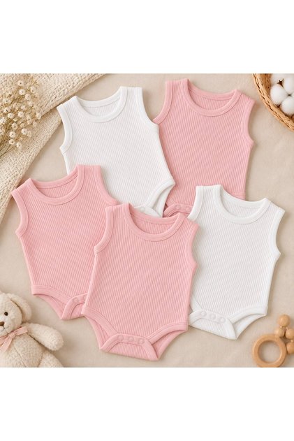 %100 Organik Pamuk 5'li BEYAZ PEMBE KOLSUZ Bebek Body RİBANA