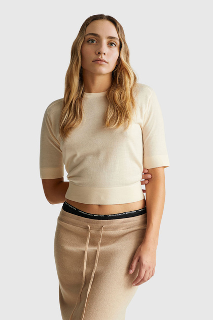 Women's Powder 100% Wool Crew Neck Short Sleeve Sweater