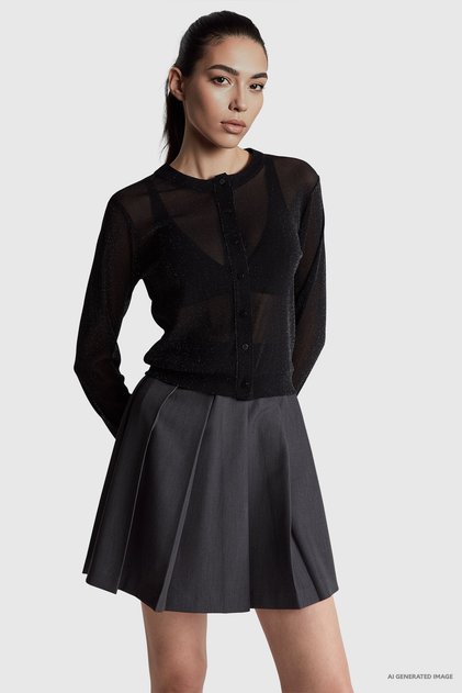 Women's Black Glitter Buttoned Crew Neck Slim Fit Cardigan