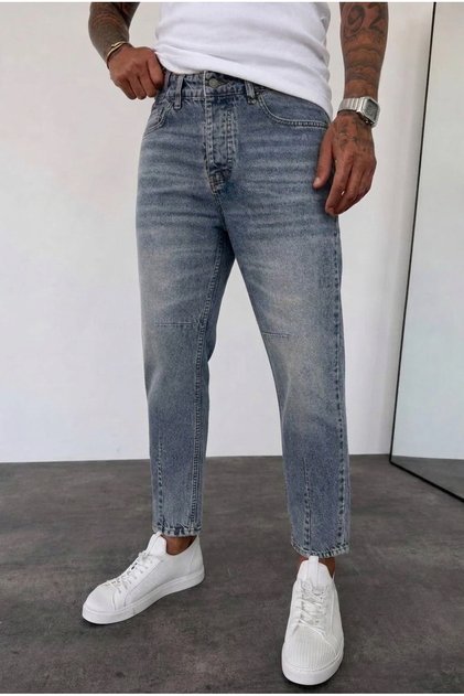 Men's Boyfriend Fit Denim Blue Washed Jean Jeans with Knee & Hem Stitching Detail Ke-1275