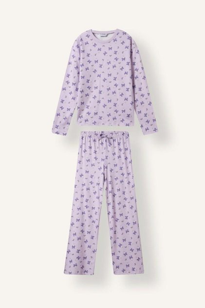 100% Cotton Long Sleeve Top Elastic Waist Bottom Butterfly Pattern 2-Piece Pajama Set Girls I6090A826Wn