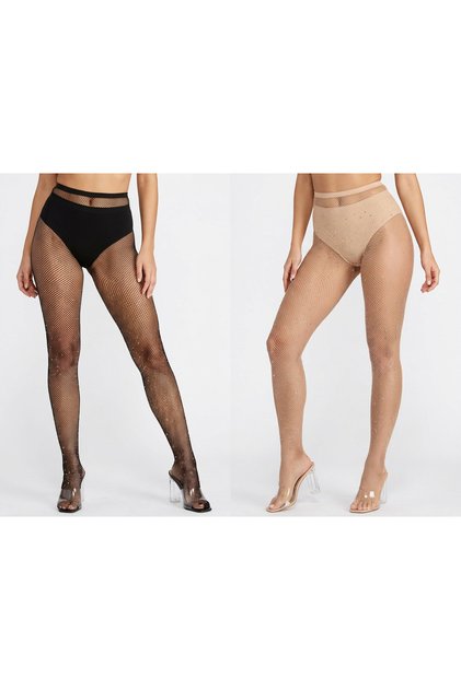 2-Piece Fishnet Pantyhose Set – Black and Skin-Colored Patterned Women's Socks