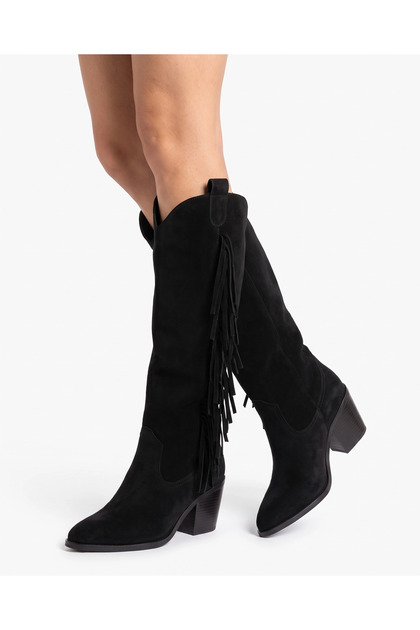 Rosali̇a Black Suede Tasseled Western Boots