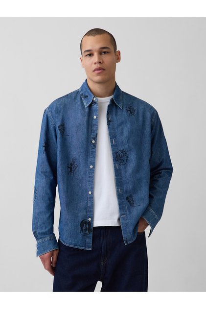 Erkek Mavi Jean-Michel Basquiat Baskılı Denim Gömlek