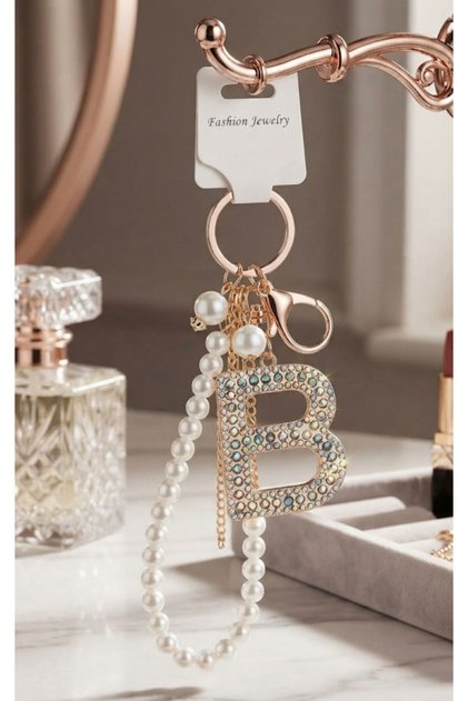 Zircon Stone and Pearl Detailed Letter Keychain & Bag Accessory