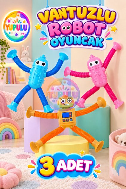 Vantuzlu Robot Oyuncak Eğitici Teloskobik Turuncu, Pembe ve Mavi Renk 3 Adet Uzayan Vantuzlu Yapışan Vakumlu