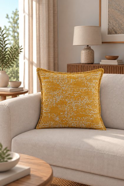 Aztek Bohem Dokuma Kırlent Kılıfı - Hardal - 50x50 cm