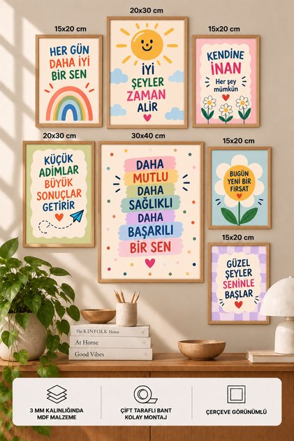 7'li Çerçeve Görünümlü Modern Tablo Seti | Retro & Pop Art | Motivasyon Yazılı | Salon, Ofis, Mutfak ve Çalışma Odası Duvar Dekoru