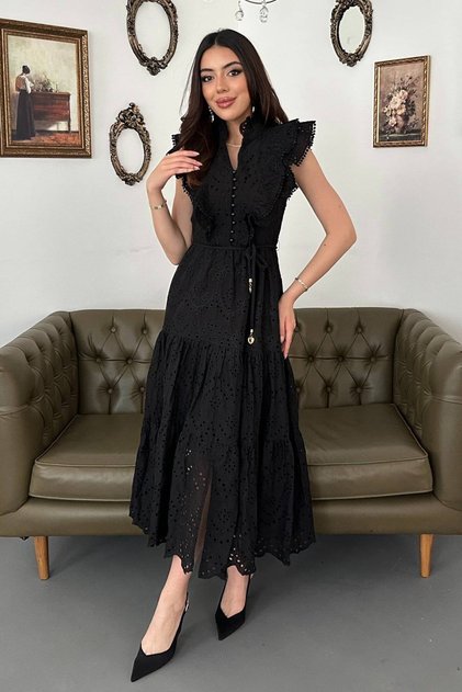 Black Ruffled Buttoned Dress
