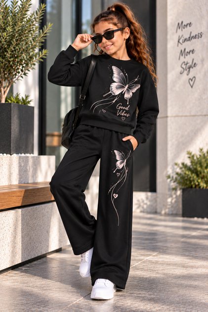 Girl's Colorful Butterfly Printed Black Sweatshirt & Sweatpants 2-Piece Set