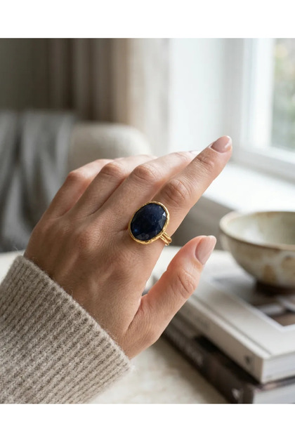 Natural Stone Ring Authentic Jewelry 316L Gold Steel Navy Blue Lapis Lazuli Stone Front Adjustable Vintage