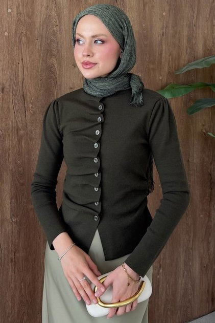 Turquoise Gathered Buttoned Cardigan Khaki