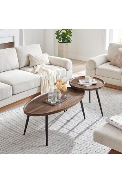 Oval Nesting Coffee Table Set of 2, Round End Tables with Fluted, Creative Wooden Sofa Side TablesModern Center Table for Living Room Bedroom Office Balcony
