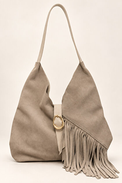 Women's Genuine Suede Leather Large Size Shoulder Bag with Tassel Detail, Large Volume Stylish Bag Elt1009