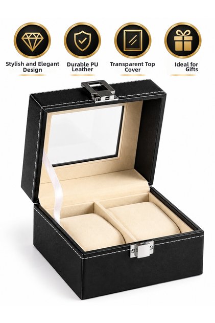 2-Slot Watch Box Pu Leather Transparent Lid Lockable Watch Storage and Organizing Box Black