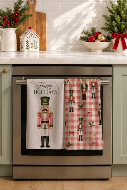 Nutcracker Blush Check Nutcracker and Pink Check Christmas Patterned 2-Piece Kitchen Towel Set 35X55