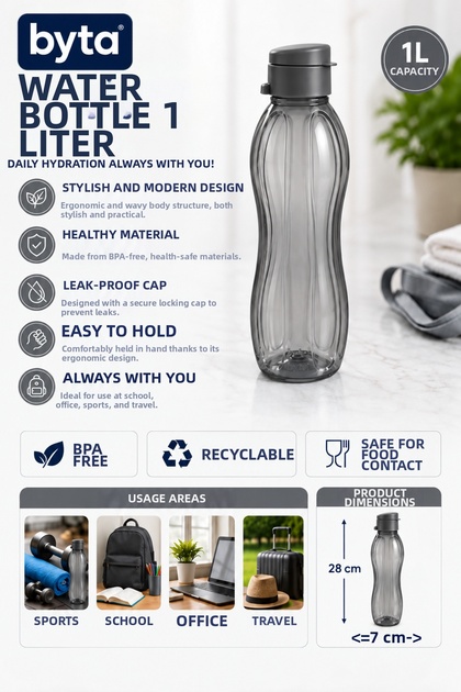 1 Liter Leak-Proof Water Bottle Flask Bpa-Free Ergonomic Design Sports School Office Travel Black