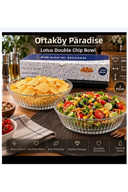 2-Pack Glass Chips Salad Bowl Medium Size Bowl Lotus Model 800 Cc Volume 17.5 cm Mouth Diameter 5 cm Height