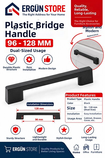 Bridge Handle Matte Black Modern Furniture Handle 96-128 mm Double Size Screw Included Hard Plastic Polymer Handle 10 Pieces