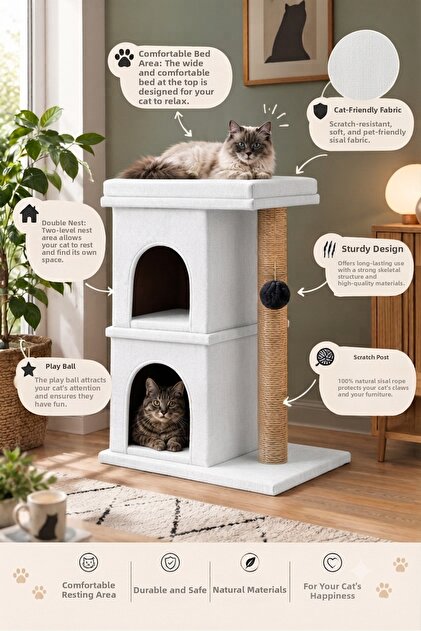 P3 Cat Scratching Tower Double Cat House Nest Cat-Friendly Fabric Spacious