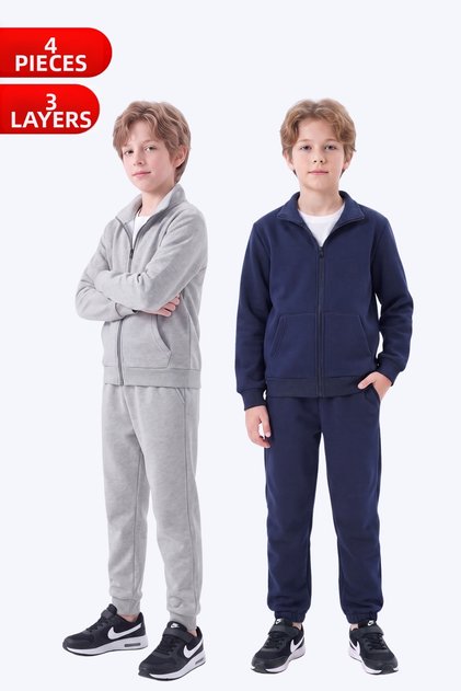 Boy's 3 Thread Plain Basic Zippered Stand Collar Double Pocket 2-Piece Tracksuit Set 4 Pieces