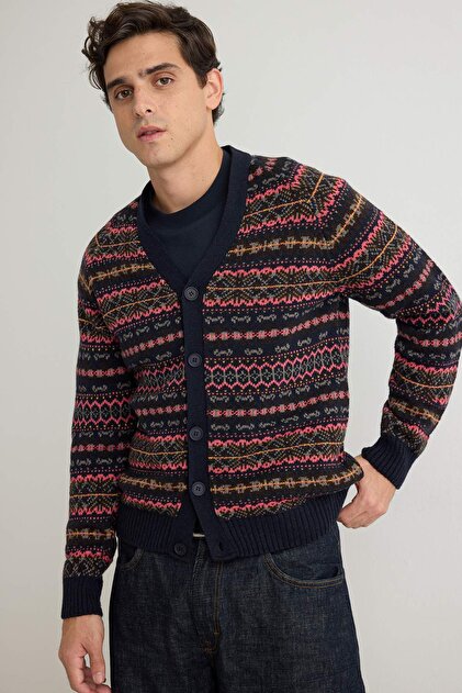 Lacivert Slim Fit Yünlü V Yaka Jakarlı Triko Hırka TMNAW20HI0029