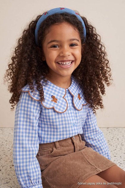 Blue Girl Child Baby Collar Embroidered Long Sleeve Woven Shirt Tkdaw27Go00004
