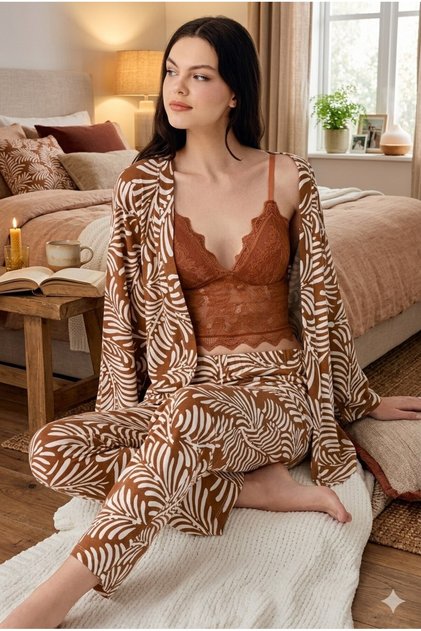 Women's Modal 3-Piece Pajama Set Brown