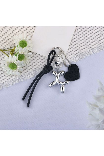 black Cute Balloon Dog Pendant Keychain Woven Rope Design Bag Charm Heart Shape Hanging Piece Chic A