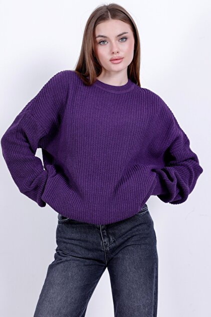 Purple Oversized Crew Neck Women's Knitwear Sweater