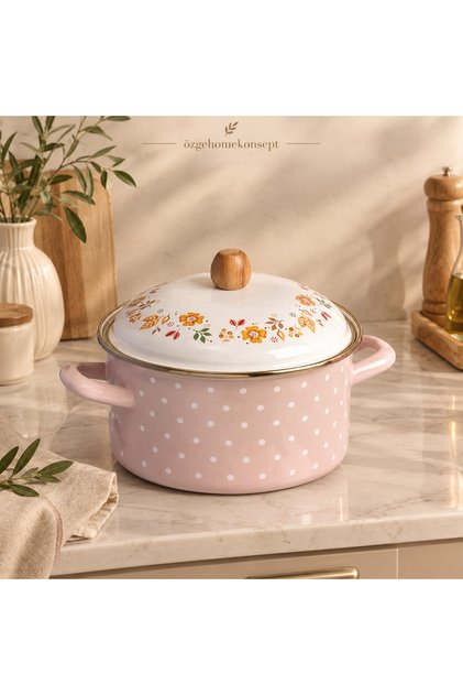3 Liter Floral Patterned Enamel Yogurt Fermentation Pot – 20 cm Powder Pink (with Wooden Handle)