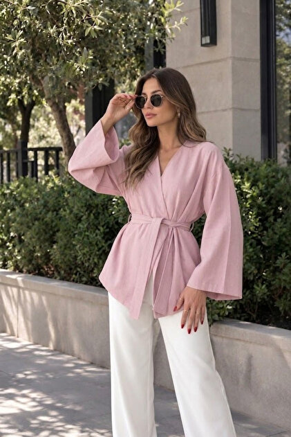 Oversize Linen Kimono with One Button Belt