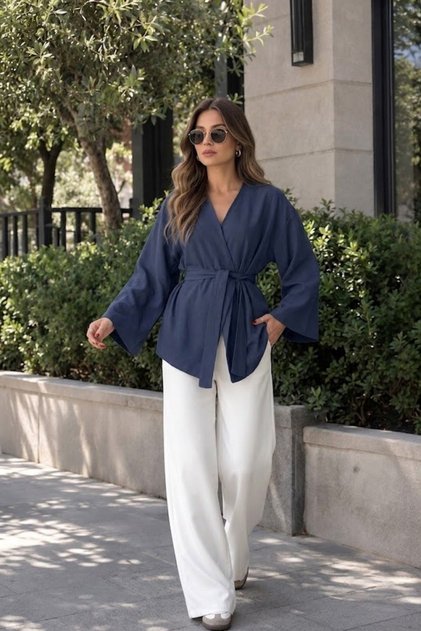 Oversize Linen Kimono with One Button Belt
