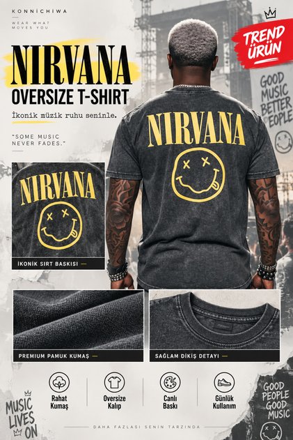 Nirvana Rock Metal Printed Unisex Oversize Music Band T-Shirt Acid Wash Tshirt
