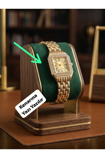 (KİŞİYE ÖZEL YAZI YAZILIR) , Zirkon Taşlı Tasarım Gold Renk Romalı Kasa Kadın Kol Saati , Gold Renk Çelik Zincir Açılır Kapanır Kordon , Gold Renk Kadran