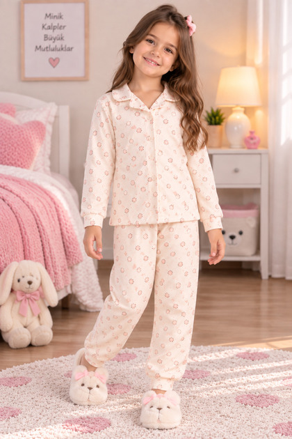 Girls' Pajama Set Floral Patterned Long Sleeve Shirt Collar Pajama Set