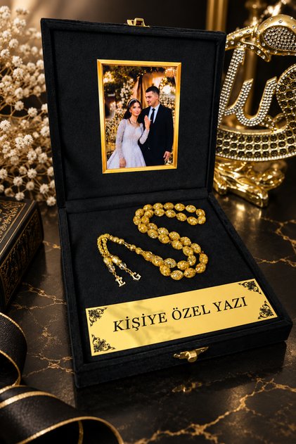 KADİFE Kutu ve Harfli Altın Parçacıklı Tesbih Arnavut model püskül kişiye özel tasarım