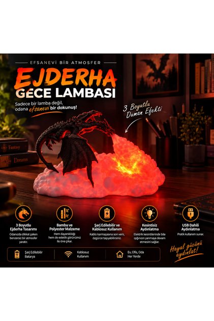 3D Duman Efektli Ejderha Gece Lambası – USB Şarjlı, Kablosuz, Dahili LED Aydınlatmalı Dekoratif Lamba