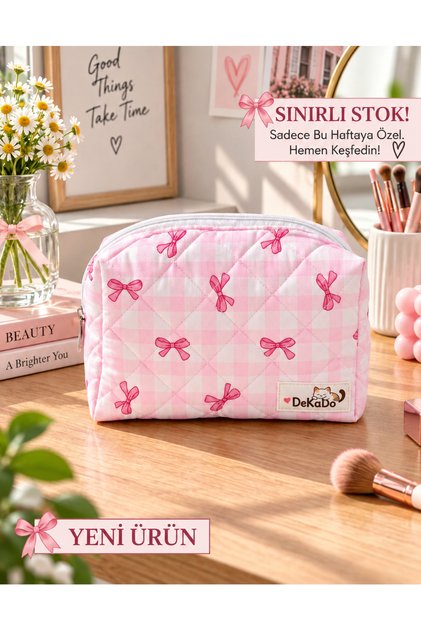 Pink Gingham Ribbon Patterned Makeup Bag - Large Size D1 (New Product)
